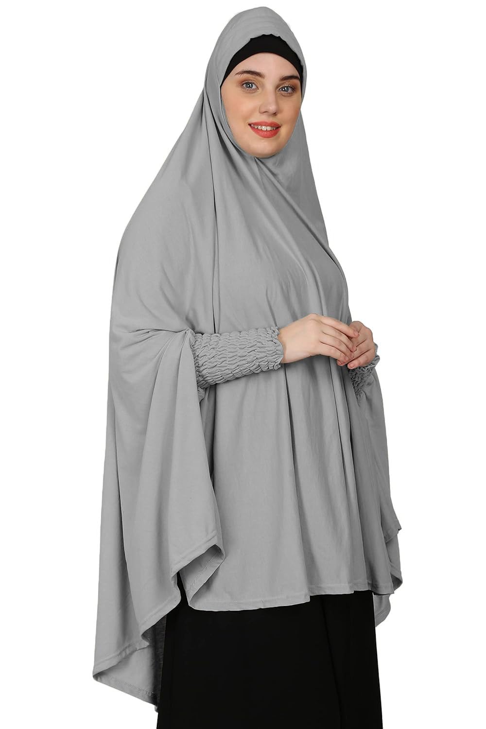 ICW Women Stretchable Jersey Smoking Sleeve Jilbab Cum Prayer Khimar Hijab (Free Size) (Grey), Female