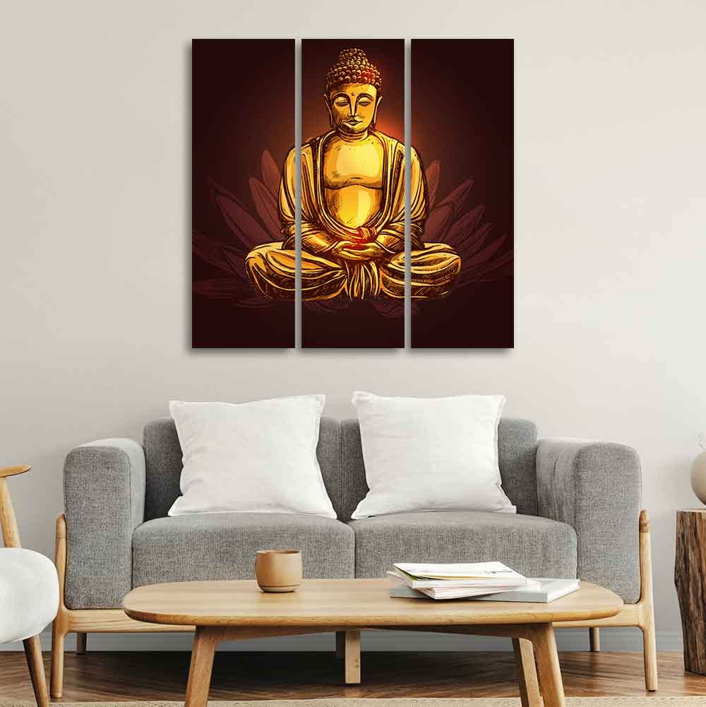 VIBECRAFTS Gautam Buddha 3 Pieces Canvas Wall Painting Fitted With Wooden Frame For Home | Office | Living Room | Gifts (PTVC3Pcs1_9507)