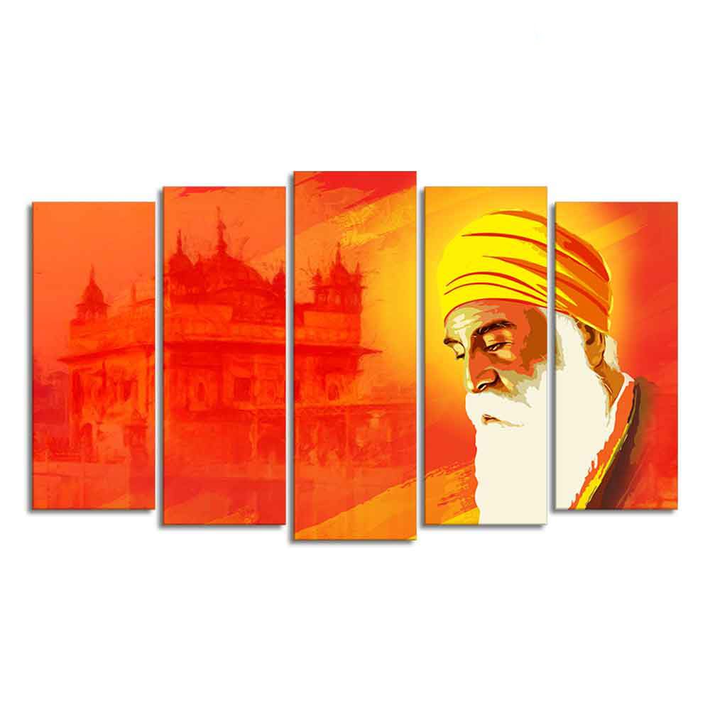 VIBECRAFTS Shri Guru Nanak Dev Premium Wall Painting of Five Pieces For Home|Office|Living Room|Gift (PTVC5Pcs2_6605)