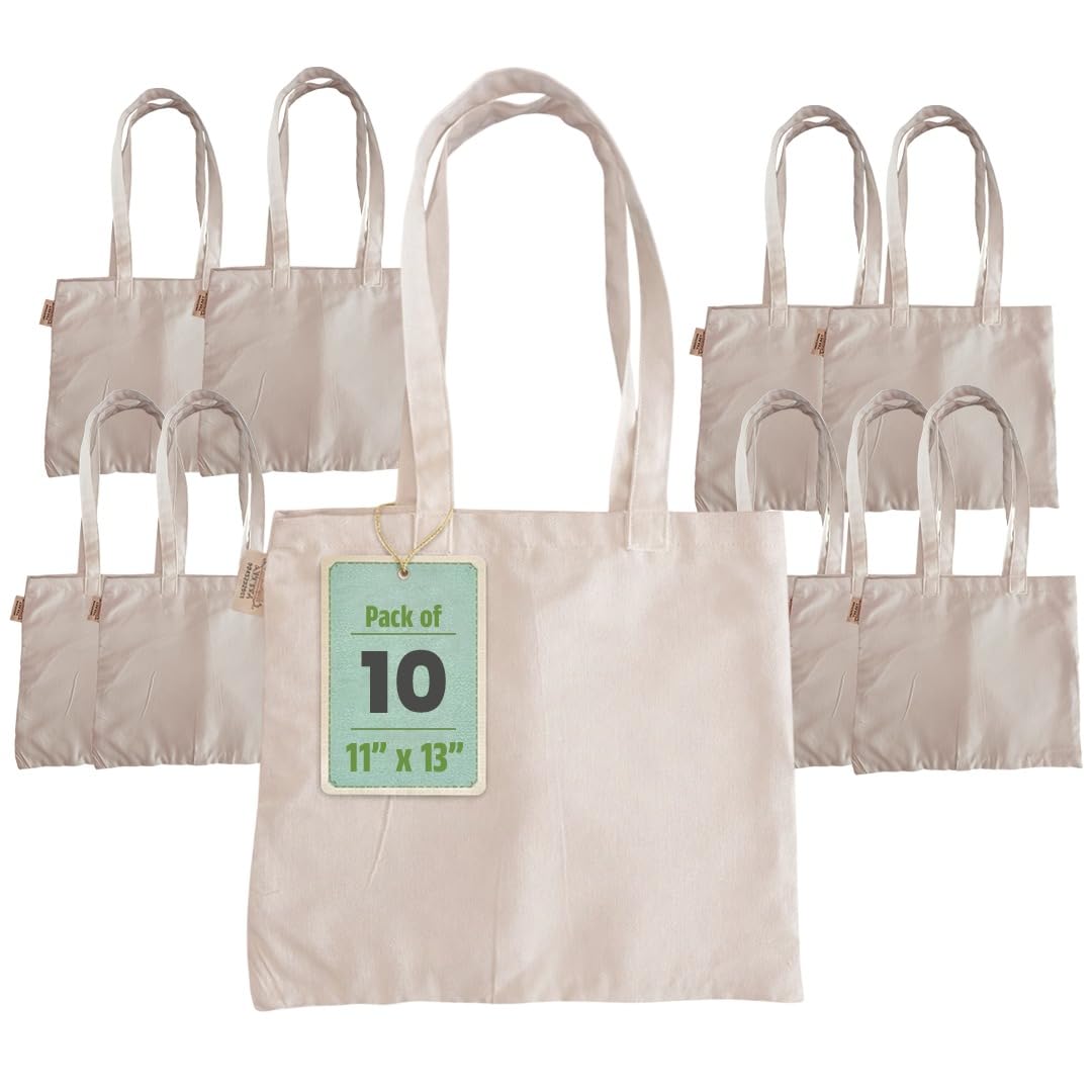 11x13 Inch Plain Canvas Tote Bag | 1 Pc, 5 Pcs, 7 Pcs, 10 Pcs, 15 Pcs, 20 Pcs, 25 Pcs | 100% Organic Reusable 180 GSM Cotton Handbag for Shopping, Daily Use, Grocery, DIY Painting & Storage (10)