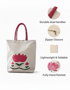 ZIG ZAG BAGS Canvas Tote Bag with Zipper | Lotus Design | Hand-Painted Cotton Tote for Girls, Office & Shopping | Eco-Friendly Cloth Handbag | Stylish Shoulder Shopping Bag for Women (Lotus)