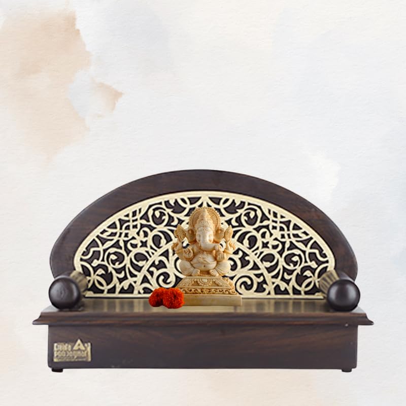 CREATA POOJAGHAR® Vaastu Handcrafted Wooden Asana with Golden Design | Dev Chowki Home Mandir | Perfect for Pooja Room | Home | Office | Wall Mounted Hanging | Made with MDF Material