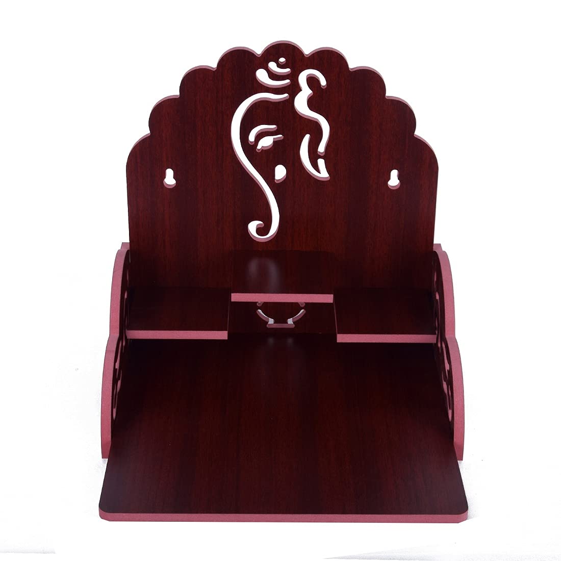 Lakhaji Wooden Wall Mounted Hanging Puja Temple Wood God Stand for Pooja Room (Maroon)