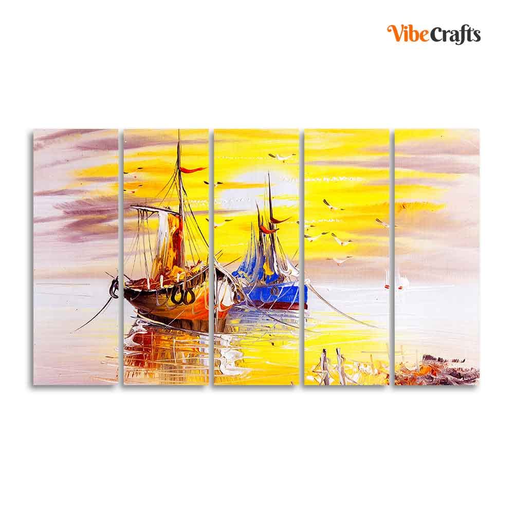 VIBECRAFTS Beautiful Scenery of Sailing Ship on the Ocean Five Pieces Wall Painting For Home|Office|Living Room|Gift (PTVC5Pcs4_8620)