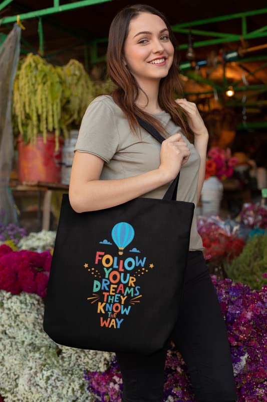 TheYaYaCafe Printed Canvas Cotton Black Tote Bag with Zipper for Womens, Tote Bag for College (Follow Your Dream)