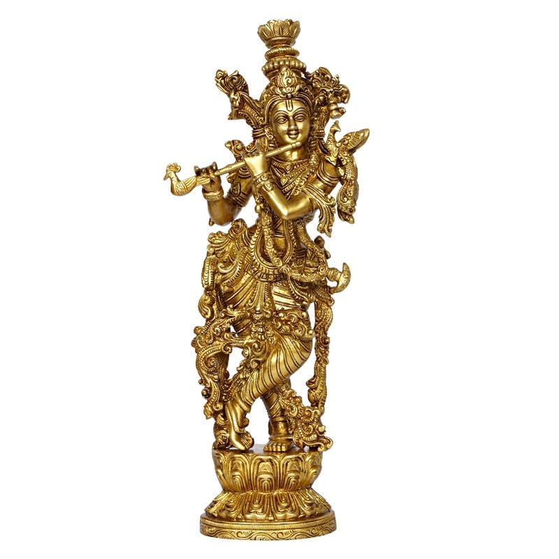 SVARUP Brass Krishna Krishan Murti Idol Statue Sculpture Golden 14 Inches