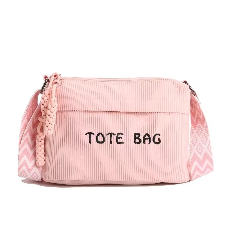 Street27 Women’s Premium Corduroy Tote Bag with Adjustable Wide Strap, Multi-Pocket Crossbody & Shoulder Handbag, Lightweight Everyday Carry with Secure Zipper Closure | (Pink)