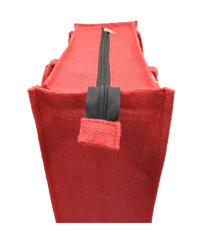 JUTEKA Unisex Printed Lunch, Office, Grocery, Picnic, Tote, Tiffin, Shopping, Jute Bag with Padded Cotton Handles,Red