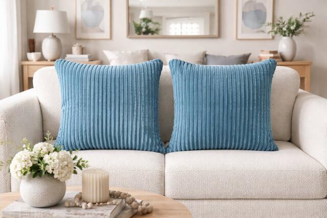 AWARD VELVETS Premium Faux Rabbit Fur Plush Luxury Soft Fluffy Striped Decorative Throw Pillow/Cushion Covers for Sofa, Couch, Living Room - (Blue, 24 x 24 inch) Set of 1