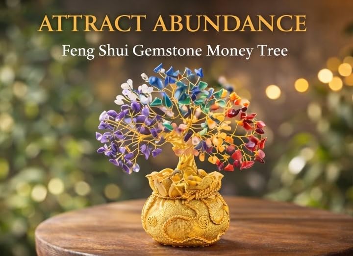 ZAICUS Seven Chakra Crystal Tree Showpiece with Golden Bag Base – Feng Shui Gemstone Bonsai for Home Decor, Office Table & Cororate Gift (7 X 3 Inch)