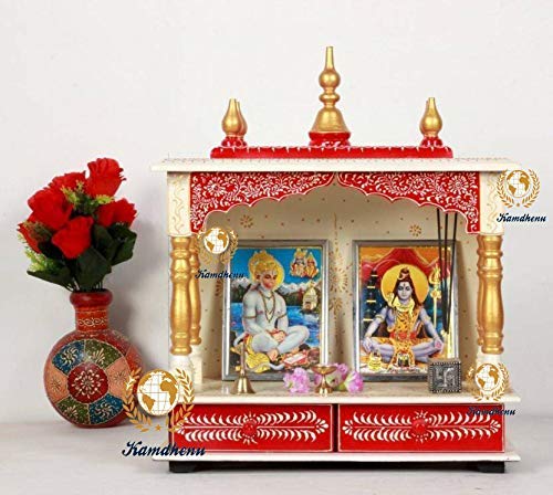 Kamdhenu Art and Craft Wooden Temple Home Temple Pooja Mandir Pooja Mandap Temple for Home (White & Red) - 9X22 Inch