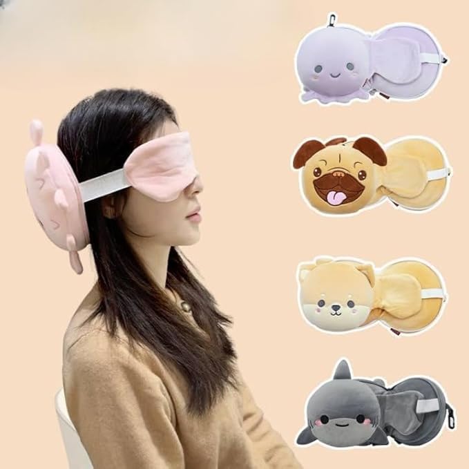 SEAHAVEN 3 in 1 Tourist Neck Travel Pillow with Cushion Car-Eye Maks Sleep Rest Shade and Ear Plug (Multi-Colour)