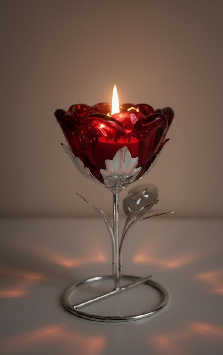 Eminent Red Glass Flower Candle Holder with Metal Stand | Decorative Tealight Candle Stand for Home Decor, Diwali Decoration, Romantic Dinner, Table Centerpiece Gift Item