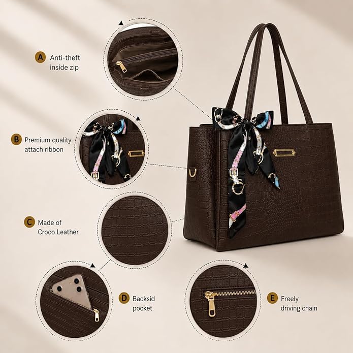 CLASSIC SMUGGLER Women's Croco-Embossed Leather Tote Bag with Silk Scarf Accent & Detachable Shoulder Strap Large Capacity Shoulder Handbag Office, Shopping & Travel