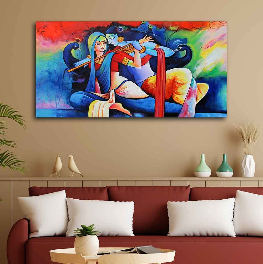 VIBECRAFTS Canvas Paintings for Living Room Drawing Room Radha Krishan Playing Flute Canvas Wall Painting Fitted With Wooden Frame For Home | Office | Living Room | Gift (PTVCH_2479)