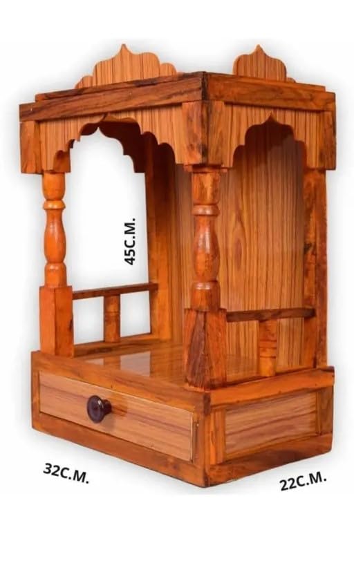 Beautiful Wooden Pooja Mandir for Home & Office | Wall-Mounted Temple with LED Spot Light & Storage | Handcrafted Art & Craft Pooja Stand | Elegant Puja Mandap for Home Temple (32D x 32W x 45H cm)