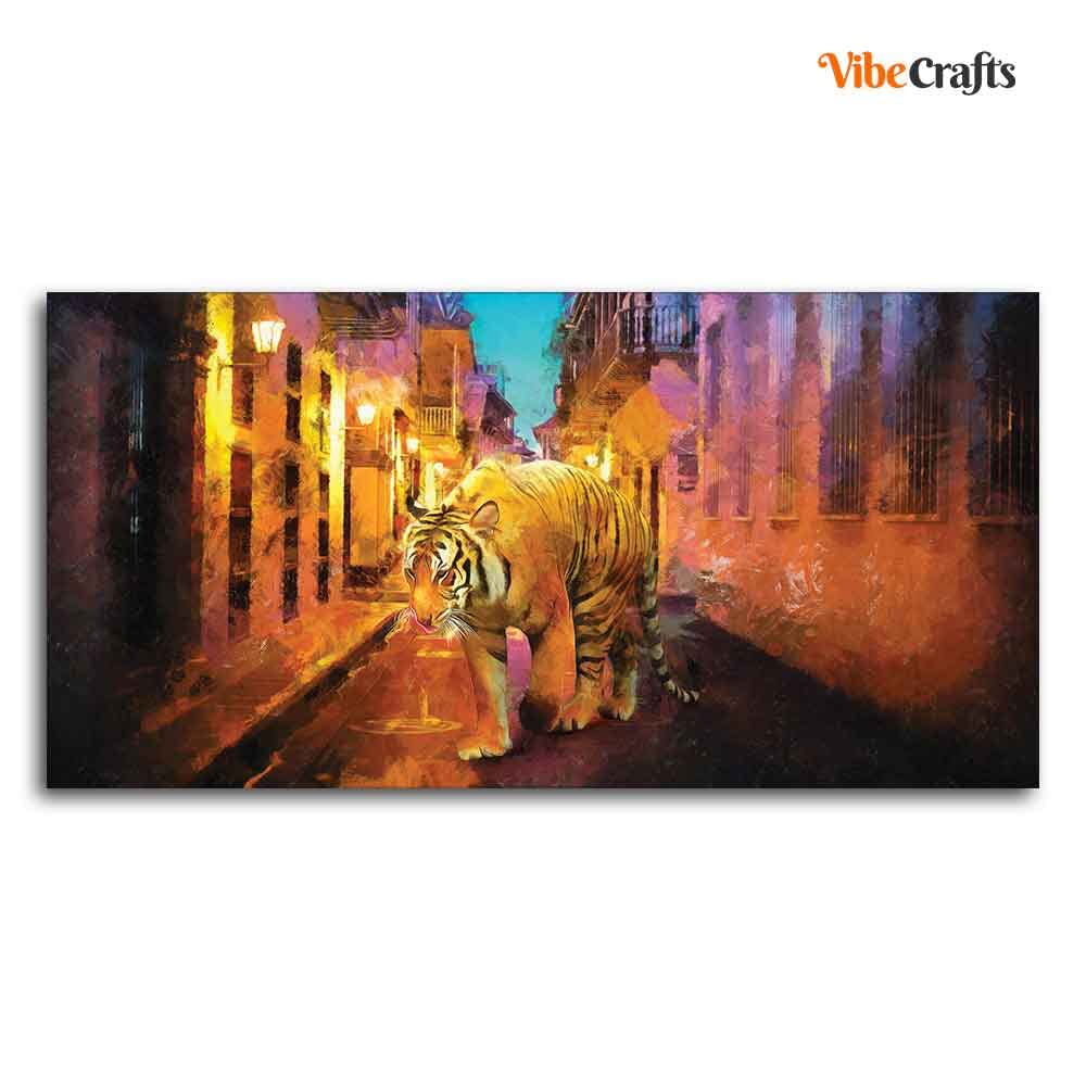 VIBECRAFTS A Tiger Walking in the Street Premium Canvas Wall Painting With Frame for Living Room Drawing Room Home|Office|Gift (PTVCH_2216)
