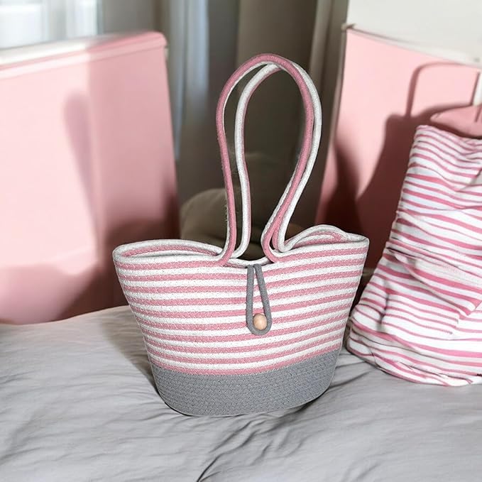 BEAUTIFUL HOMMIES Attractive Hand Bag |large Tote Bag |Summer Bag | Bucket Bag | Basket Bag | Bamboo Tote | Beach Bags for Women|Boho Bag|Handbag |Jute Bag |Handmade Bag (PINK GREY)