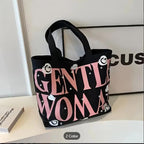 THE SACK CO. Large Canvas Tote Bag for Women, Tote Handbags for Women with Zipper &t for College, Shopping, Office (gntl women pink writing blk)