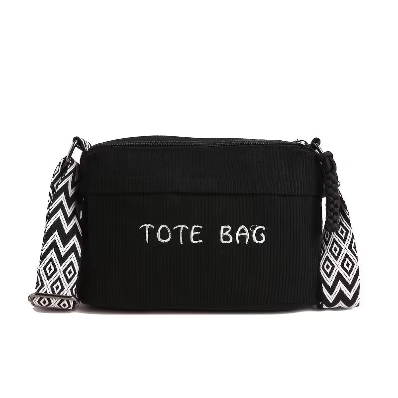 Street27 Women’s Premium Corduroy Tote Bag with Adjustable Wide Strap, Multi-Pocket Crossbody & Shoulder Handbag, Lightweight Everyday Carry with Secure Zipper Closure | (Black)