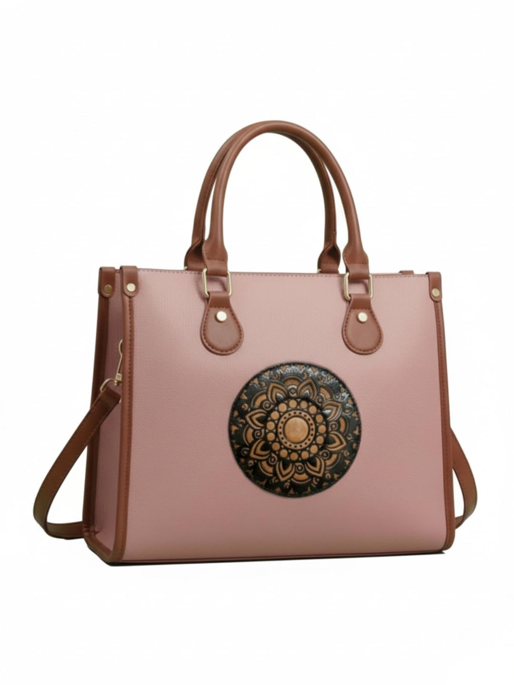 LIKE STYLE Women’s PU Tote Bag with Mandala Design | Laptop Compartment Shoulder & Crossbody Handbag | Office Work & Daily Use Large Tote (Pink)