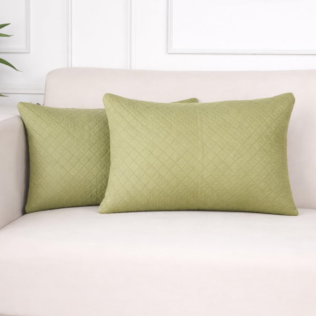 STITCHNEST Quilted Velvet Cushion Covers Set of 2 | Soft Mehndi | 12x18 Inches | Premium Sofa & Living Room Décor