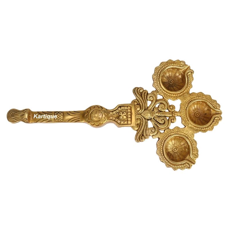 SVARUP Brass Long Handle Aarti Diya: Ideal for Pooja, Camphor/Kapoor Burning, and Table Mandir Decor.