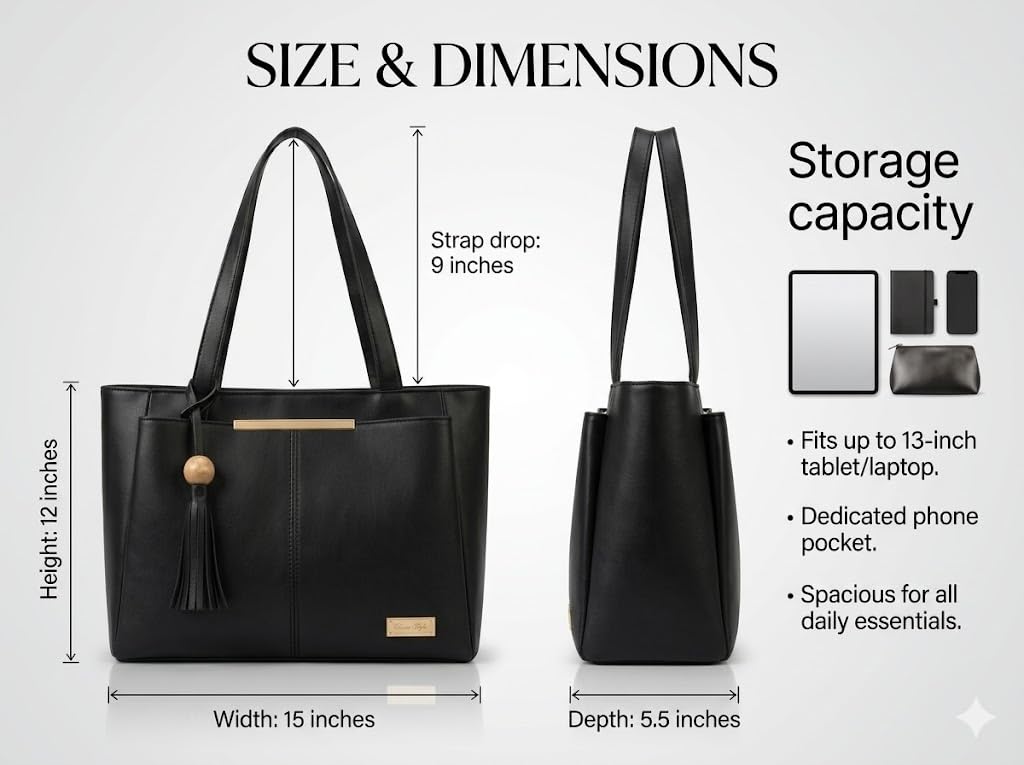 PAVILONN Women Tote Bag Ladies Handbag Shoulder Office Shopping Work Laptop PU Leather Brown Travel College Daily Use Designer Large Stylish Fashion Zipper Commuter Gift (BLACK)
