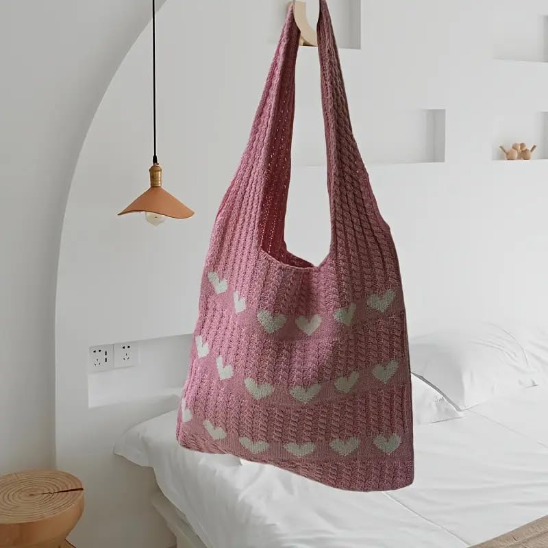 Kawn® Premium Knitted Heart Pattern Tote Bag Large Stylish and Durable Trendy bag for Everyday Use Beach Shopping Travel Work – Comfortable and Trendy Design (Pink)