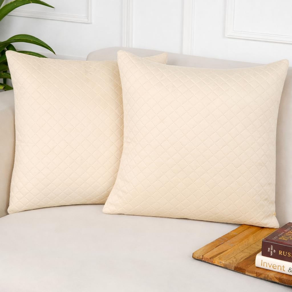 STITCHNEST Quilted Velvet Cushion Covers Set of 2 | Soft Beige | 12x12 Inches | Premium Sofa & Living Room Décor
