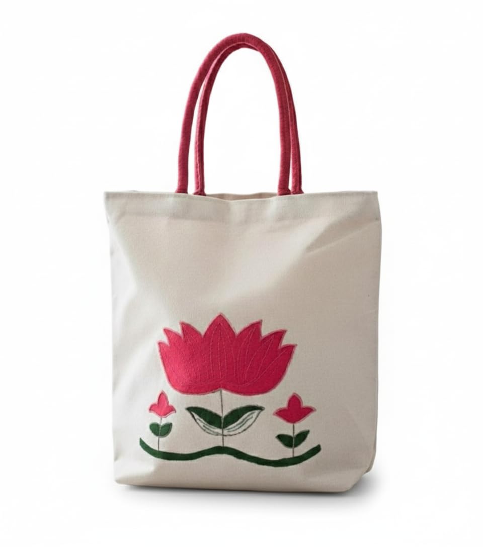 ZIG ZAG BAGS Canvas Tote Bag with Zipper | Lotus Design | Hand-Painted Cotton Tote for Girls, Office & Shopping | Eco-Friendly Cloth Handbag | Stylish Shoulder Shopping Bag for Women (Lotus)