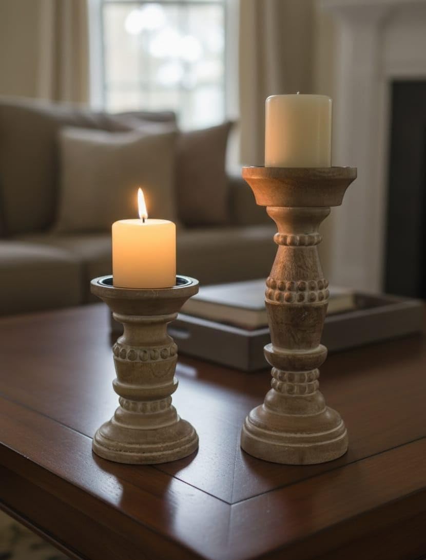 Wooden Pillar Candle Holder Natural Wood Finish with Carved Beans Filled with White Set of 2 Ideal for Weddings or Parties as Well as Home Decor