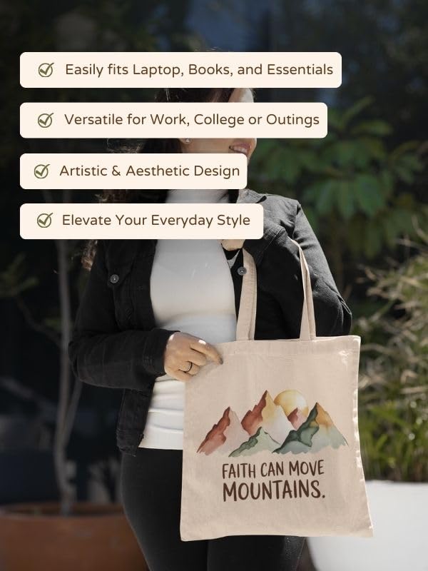 Kalaa Lifestyle Canvas Tote Bag for Women | Premium Cotton Shopping Bag | Eco-Friendly Shoulder Tote for Office, College, Travel & Daily Use and Gifting (Faith Can Move Mountains)