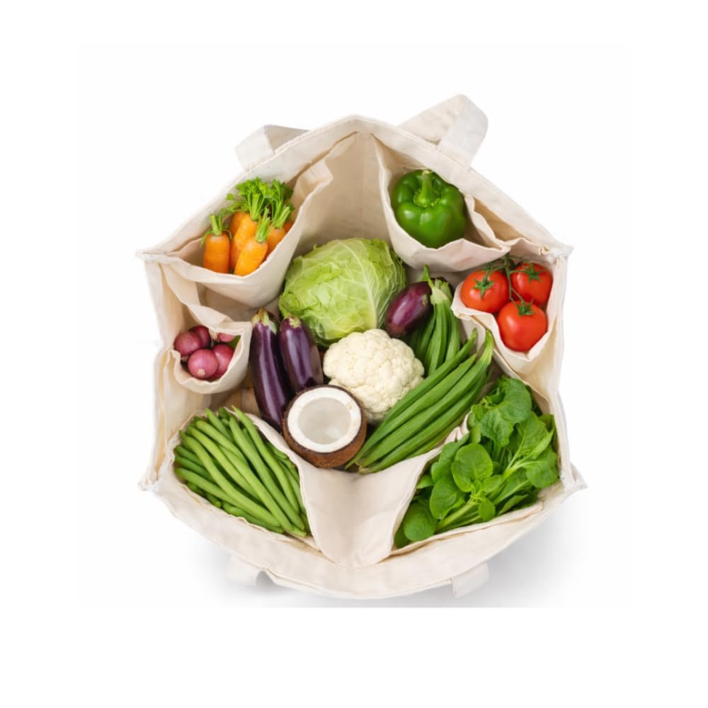 Reusable Canvas Cotton Shopping Bag With 6 Pockets, Tote Bag, Multipurpose Grocery And Vegetable Organiser, Jhola Sabji Bag Long Handles, Medium Size, Foldable, 12x14x5 Inches
