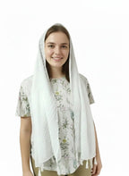 ELITE APRIL White Church Scarf, Long Chiffon Head Covering with Tassels, Traditional Catholic Style, One Size