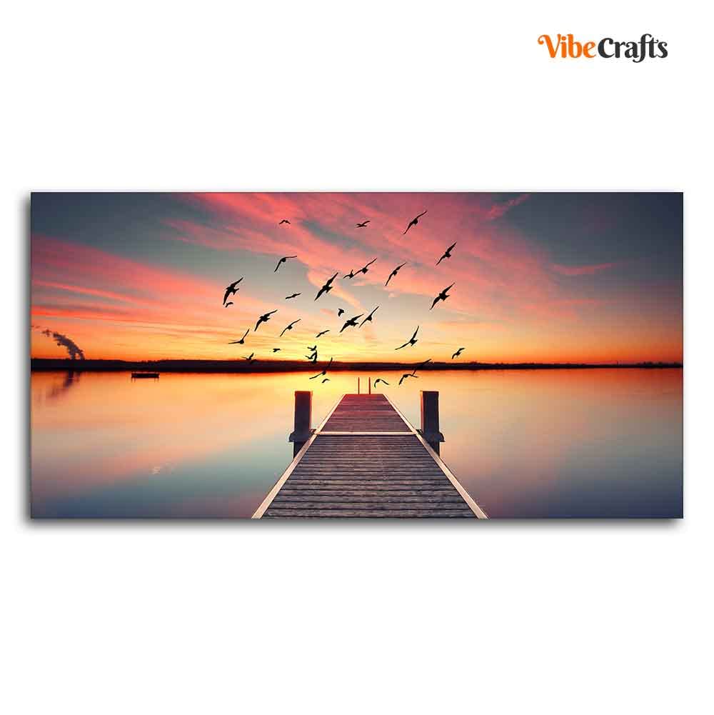 VIBECRAFTS Wooden jetty In Sunset Nature Premium Canvas Wall Painting With Frame for Living Room Drawing Room Home|Office|Gift (PTVCH_2206N)