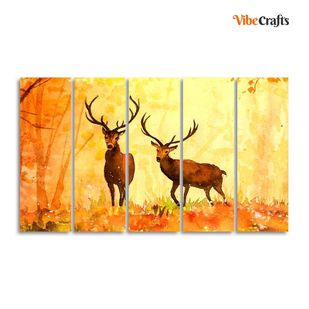 VIBECRAFTS Beautiful Forest Deer Canvas Wall Painting of Five Pieces For Home|Office|Living Room|Gift (PTVC5Pcs4_8592)