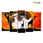 VIBECRAFTS A Pair of Giraffe under a Tree in Sunset Canvas Wall Painting of Five Pieces For Home|Office|Living Room|Gift (PTVC5Pcs2_6623)