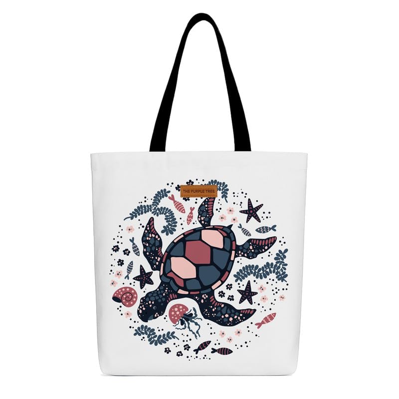 The Purple Tree Eco-Friendly Canvas Tote Bag, Sustainable, Reusable Shopping, Beach, Travel or Everyday Tote, Wide Tote Bag, Turtle Mania