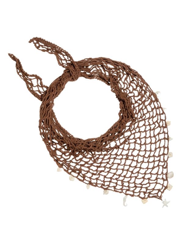 Hair Drama Co. Boho Crochet Scarf with Shell Charms For Women | Medium Size Brown Crochet Headscarf | Bohemian Bandana Scarves | Cotton Thread Headband Scarfs for All Seasons