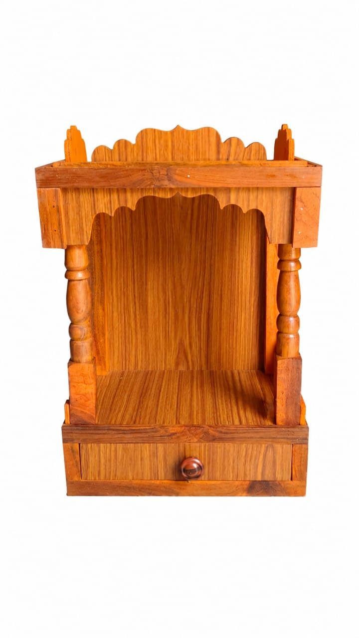 Traditional Wooden Home Temple – Elegant Pooja Mandapam with Single Drawer, Wall-Mountable Small Pooja Ghar for Idols (Dimensions: 45x32x22cm)
