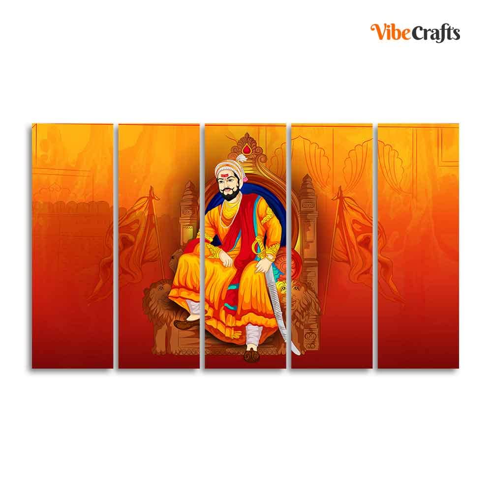 VIBECRAFTS Indian Warrior Chhatrapati Shivaji Maharaj Wall Painting of Five Pieces For Home|Office|Living Room|Gift (PTVC5Pcs4_8733)