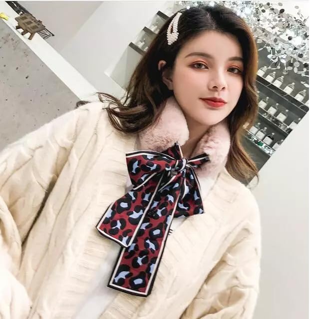 THE DDS STORE Winter Women Faux Fur Collar Leopard Print Scarves Plush Wrap Korea Bow Tie Neck Warmer Formal Party Shawl (Peach)