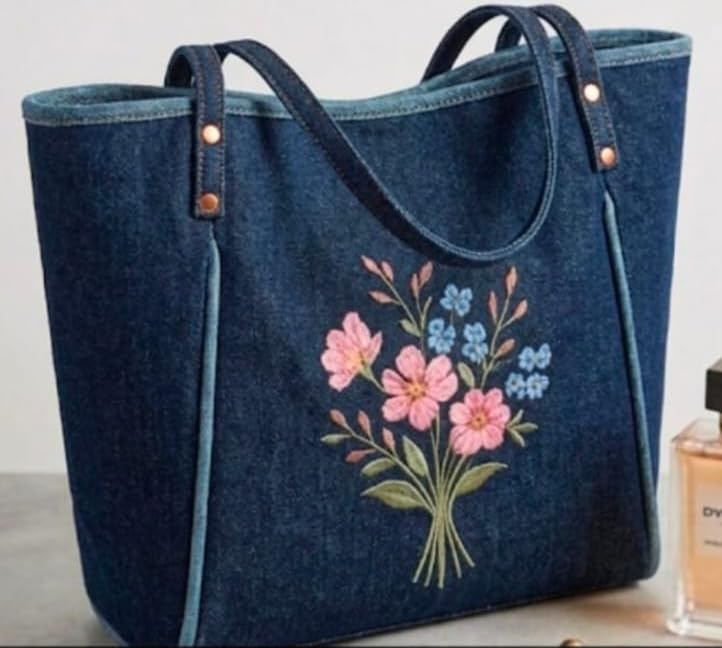 LEWULT Women's Floral Denim Tote Bag | Large Shoulder Handbag for Daily Use