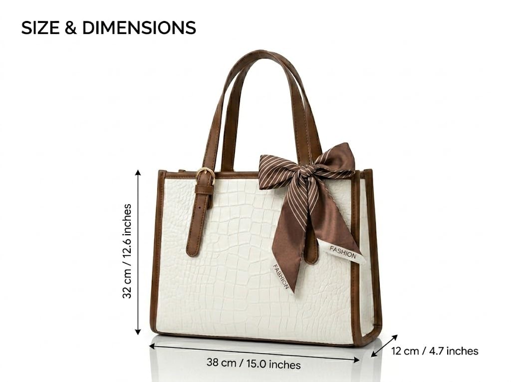 Pavilonn Women Handbag PU Leather Tote Purse Stylish Shoulder Office Bag Black Structured Croco Pattern Ladies Fashion Shopping Handbag Daily Use College Gift (BROWN AND WHITE)