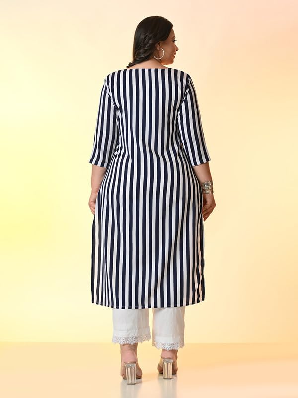 PrettyPlus by Desinoor.com Plus Size Navy White Stripped Kurta