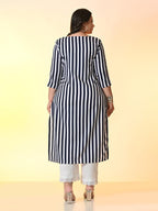 PrettyPlus by Desinoor.com Plus Size Navy White Stripped Kurta