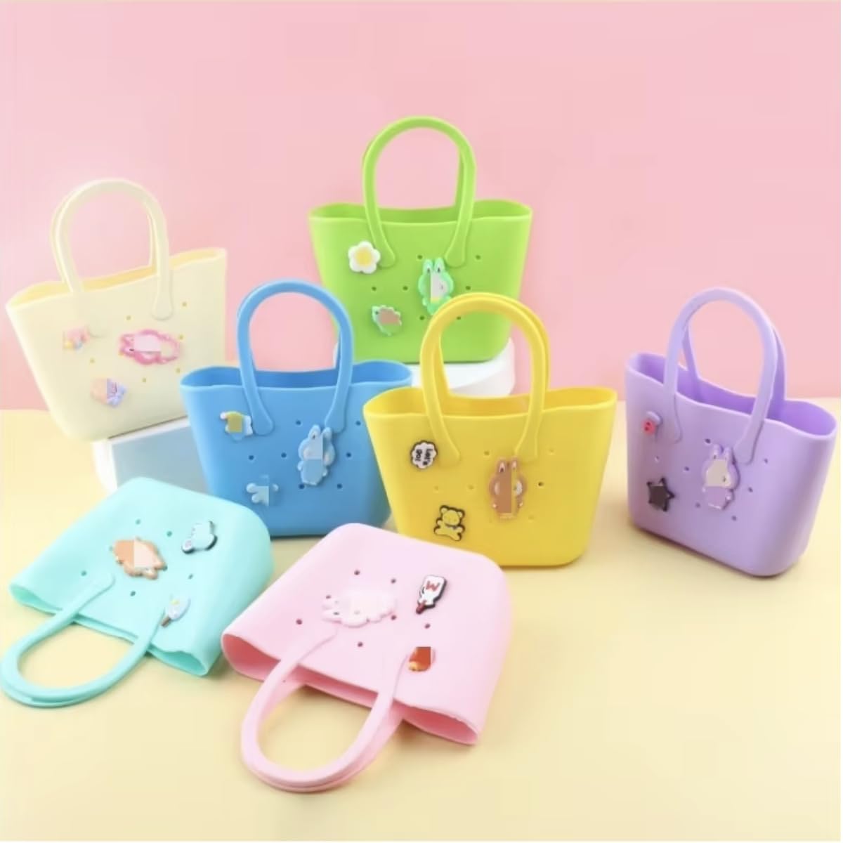 HOMIES, Colorful Silicone Handbags Beach Bag, DIY Cute Summer Tote Hole Bag, Mobile Phone Storage Children's Key and Handbag for Adults, Multicolor