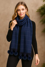 Krystle Checked Women’s Stole with Pom-Pom Tassels – Soft Warm Wool Blend Scarf with Classic Check Pattern & Fringe Detailing (Free Size,Blue3)