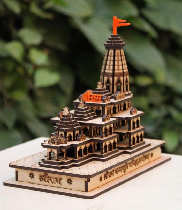 Decorative Wooden Temple Model with LED Lights, Handcrafted Architecture Design, Traditional Indian Mandir for Home